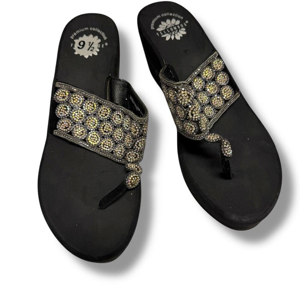 Yellow Box Black Embellished Wedge Flip‎ Flops Bling 9.5
